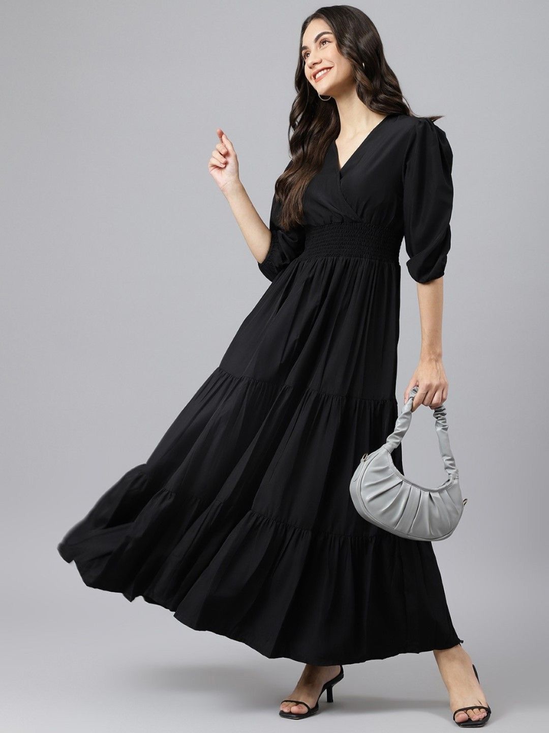 Buy Femvy Women V-Neck Puff Sleeve Maxi Fit & Flare Dress