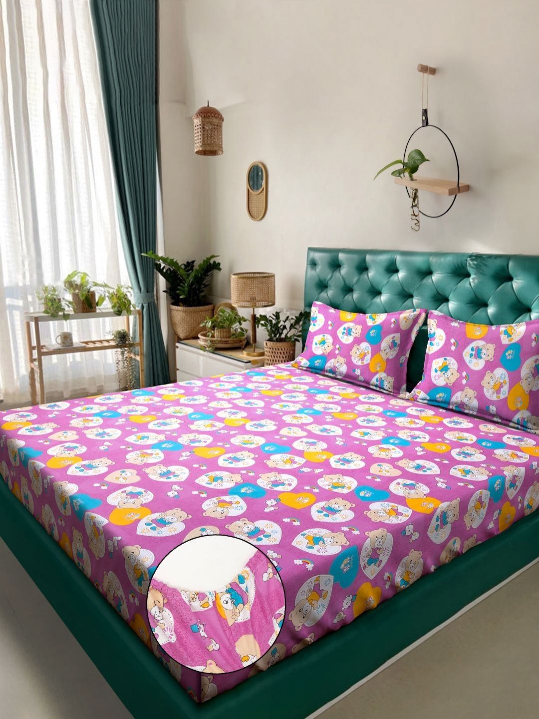 KLOTTHE KLOTTHE Purple Cartoon Printed Fitted 400 TC Cotton King Bedsheet & 2 Pillow Covers