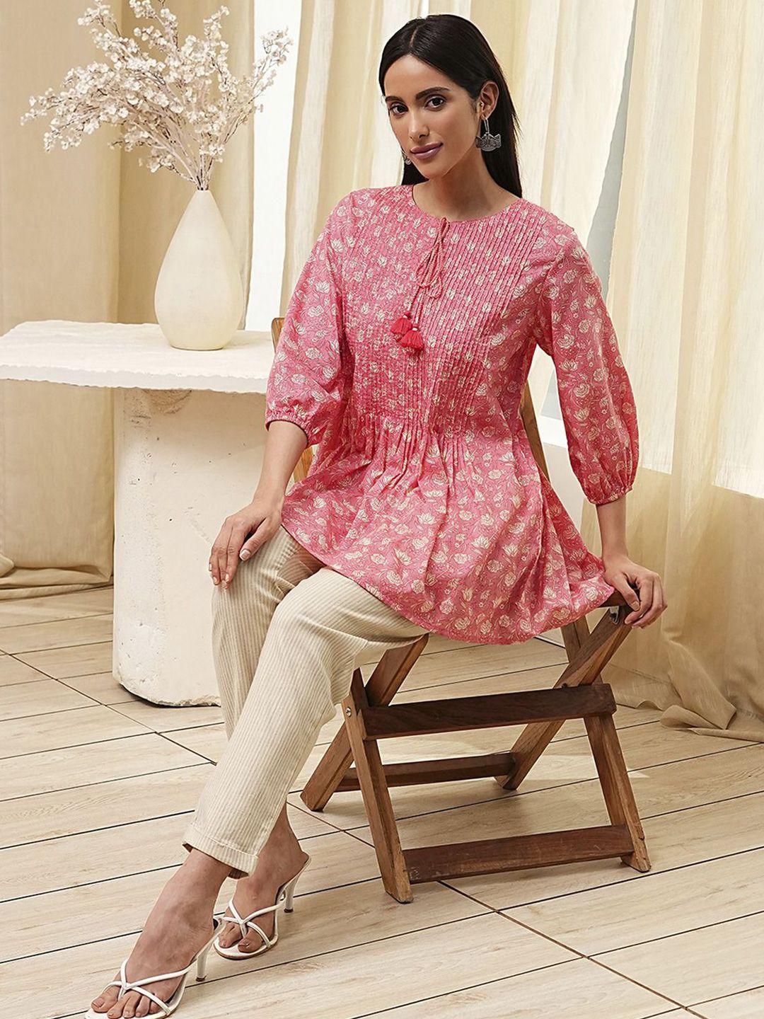 Biba Biba Women Floral Printed Pure Cotton Angrakha Anarkali Kurti