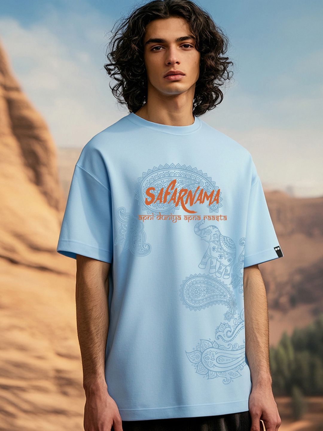 Bewakoof Men's Chambray Blue Safarnama Graphic Printed Oversized T-shirt