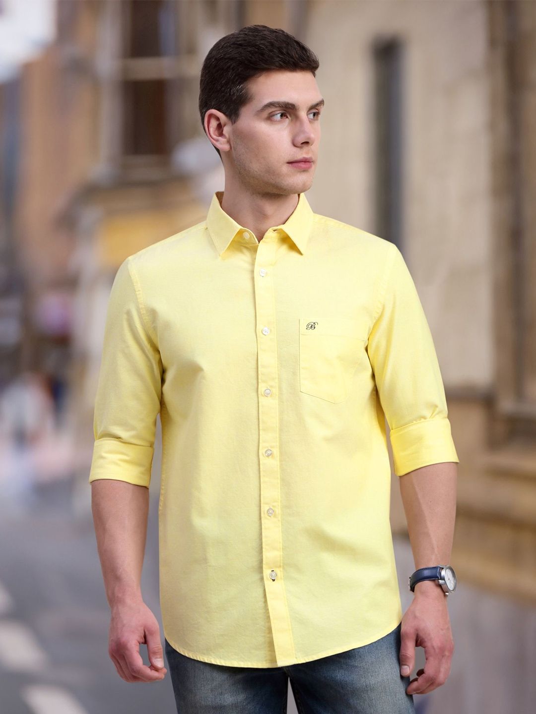 British Club Men Classic Fit Spread Collar Solid Cotton Casual Shirt