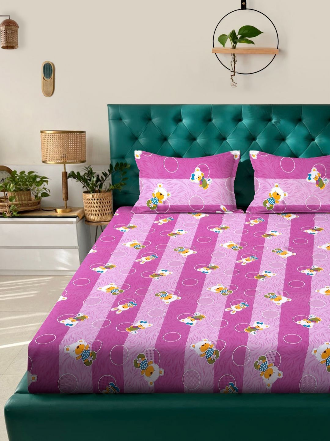 KLOTTHE KLOTTHE Purple Cartoon Printed Fitted 400 TC Cotton King Bedsheet & 2 Pillow Covers
