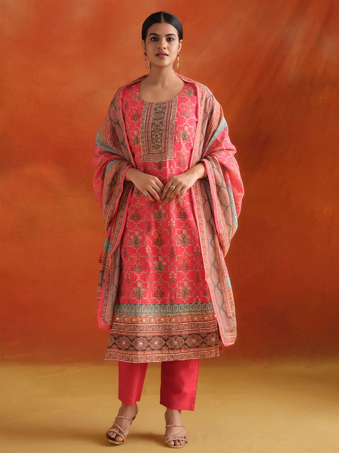 Jaipur Kurti Floral Embroidered Thread Work Straight Kurta With Trousers & Dupatta