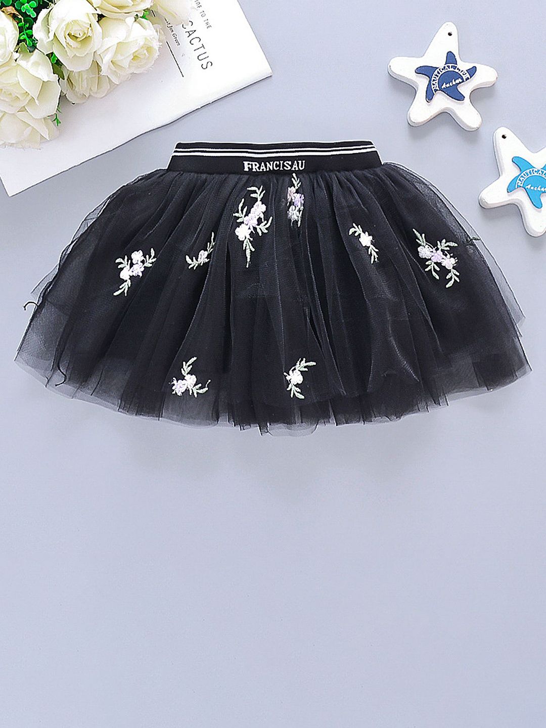 LULU & SKY Girls Embroidered Tulle Mini Skirt