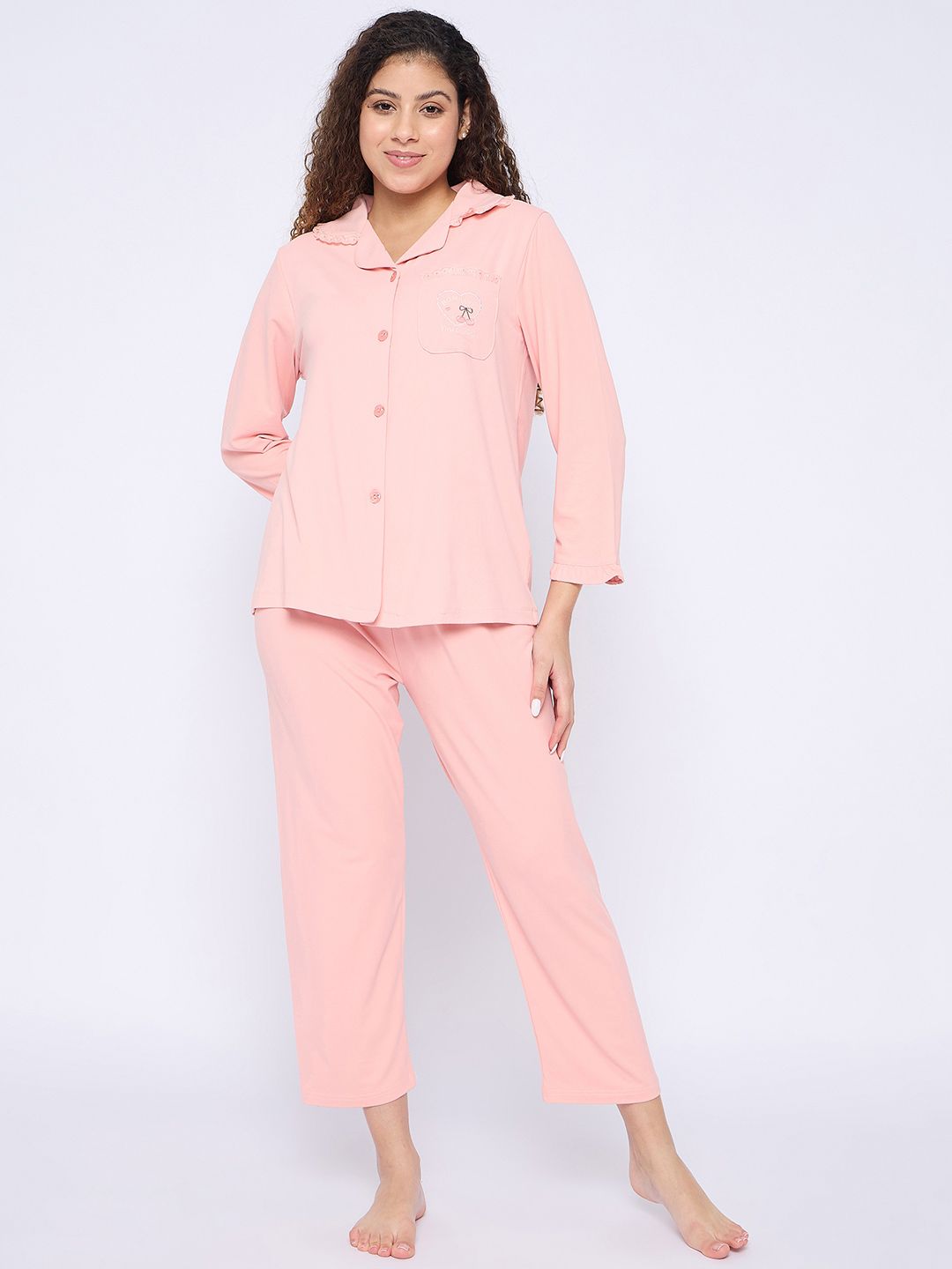 Camey Women Lapel Collar Pure Cotton Night suit