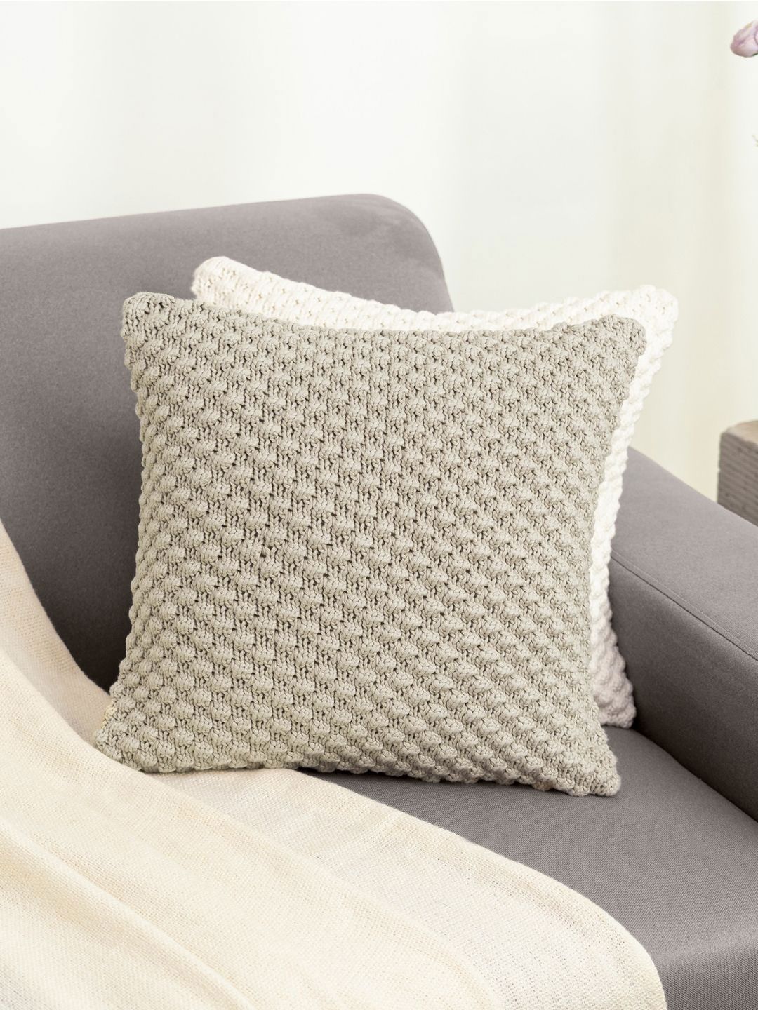 haus & kinder Beige Self Design Cotton 2 Pcs Embroidered Square Cushion Covers -16x16In