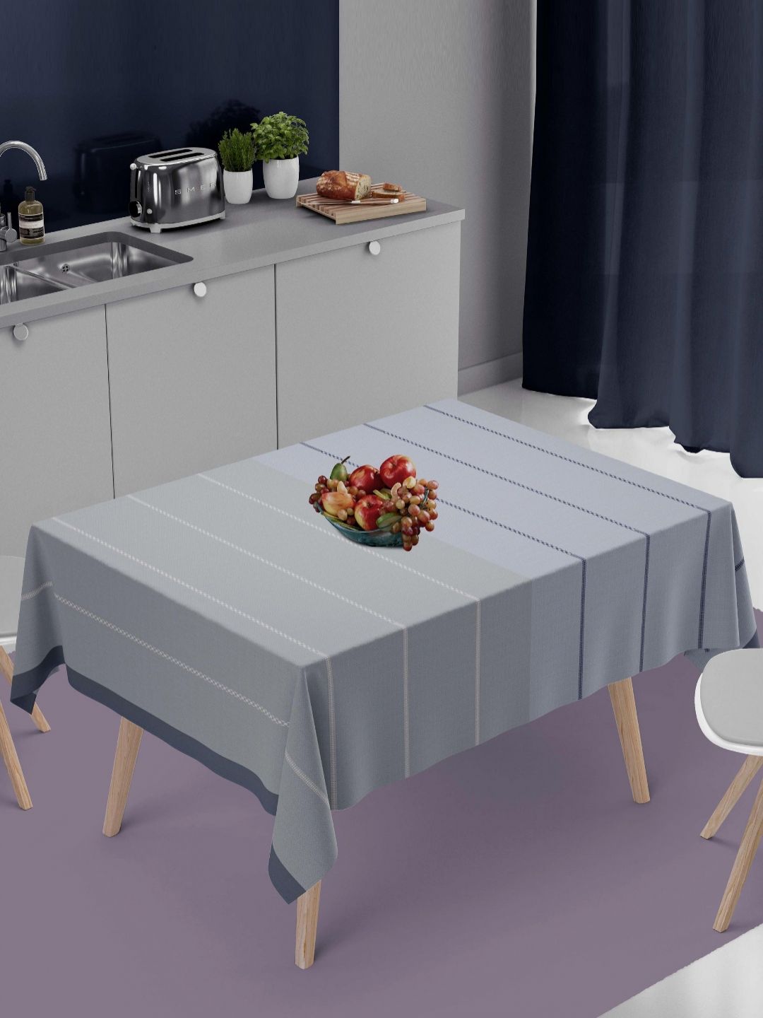 HOME COLORS.IN Navy Blue Striped Cotton 4 Seater Sqaure Table Cover