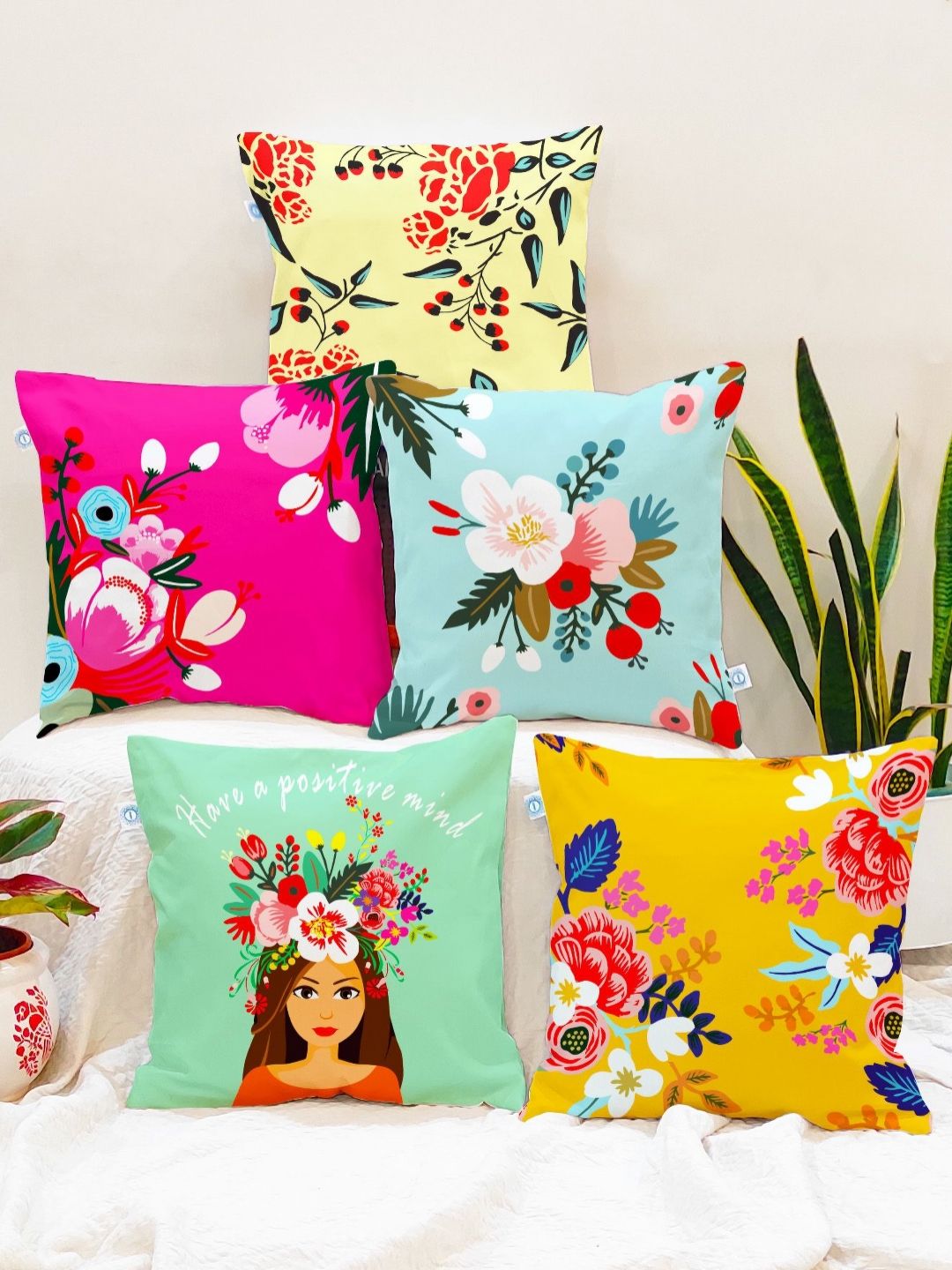 STITCHNEST Set of 5 Yellow & Pink Cotton Canvas Cushion Cover