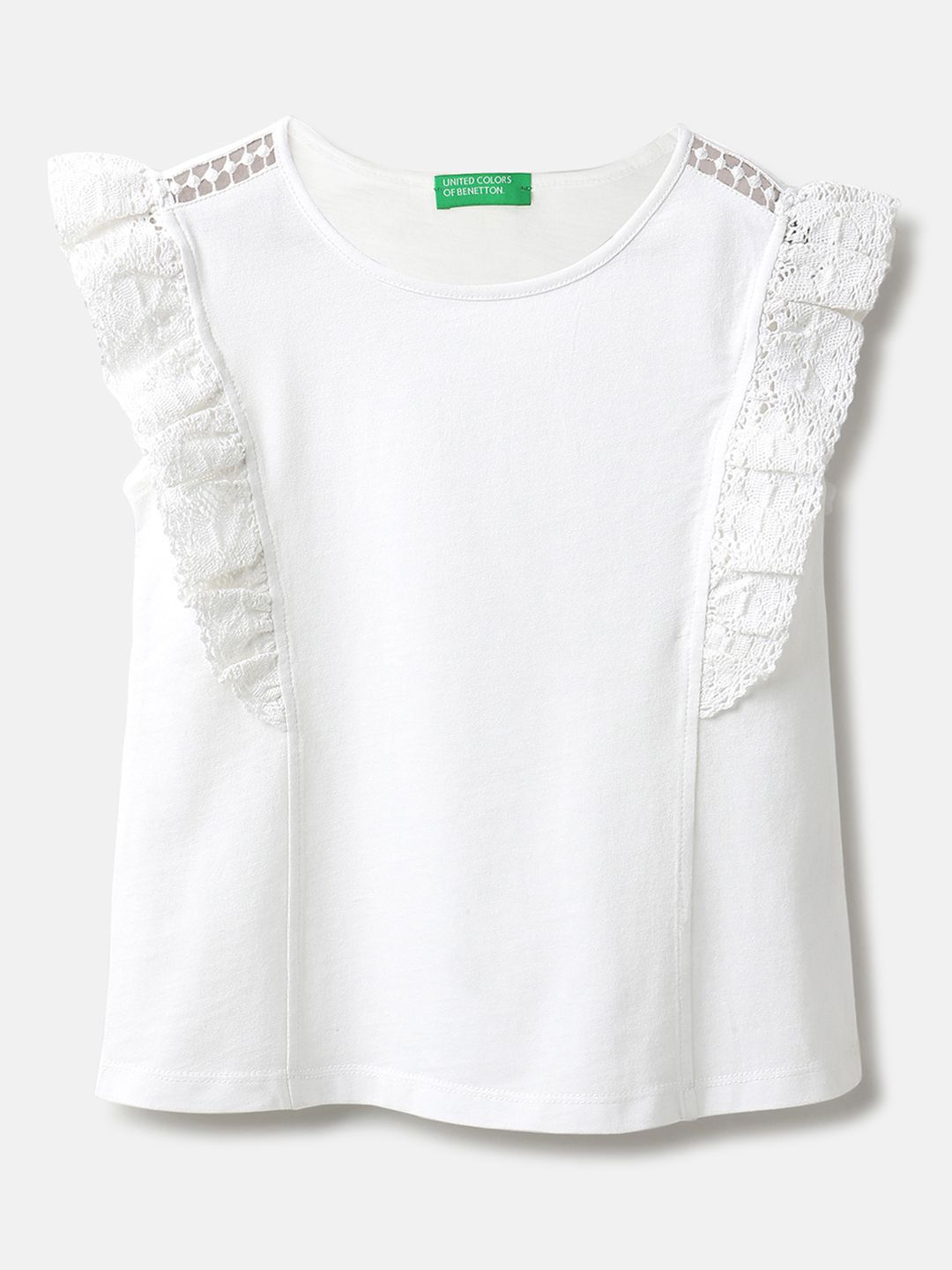 United Colors of Benetton Girls Cotton Flutter Sleeves Lace Inserts Reguar Top