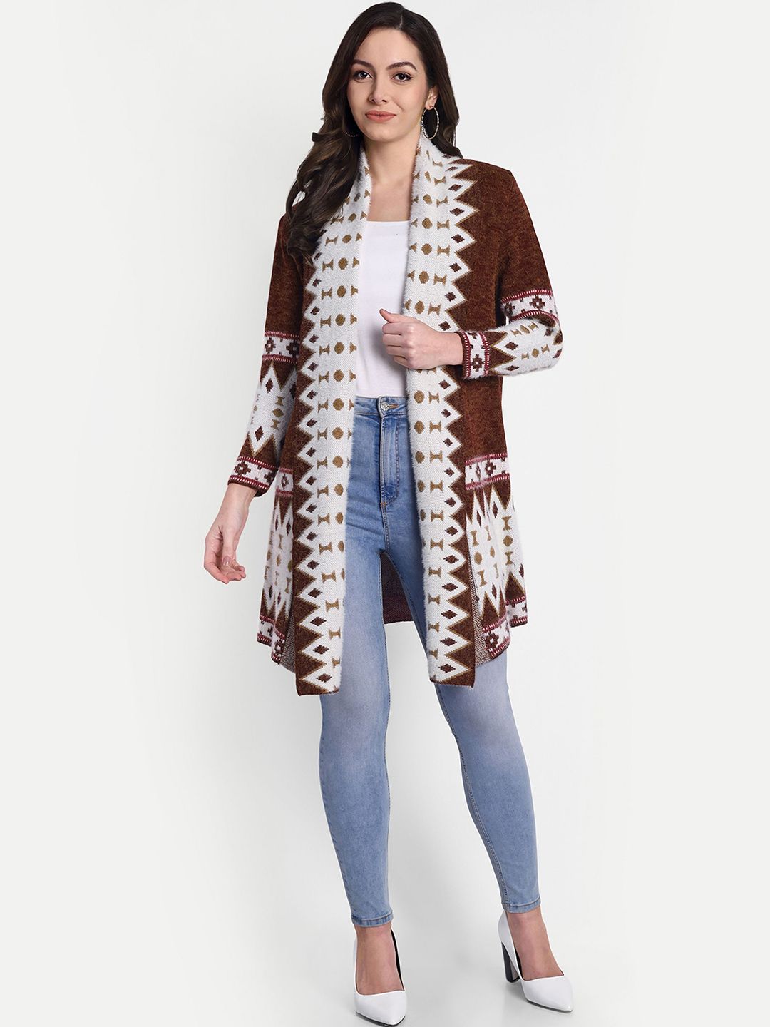 HAUTEMODA Women Geometric Self Design Woollen Longline Front-Open Shrug