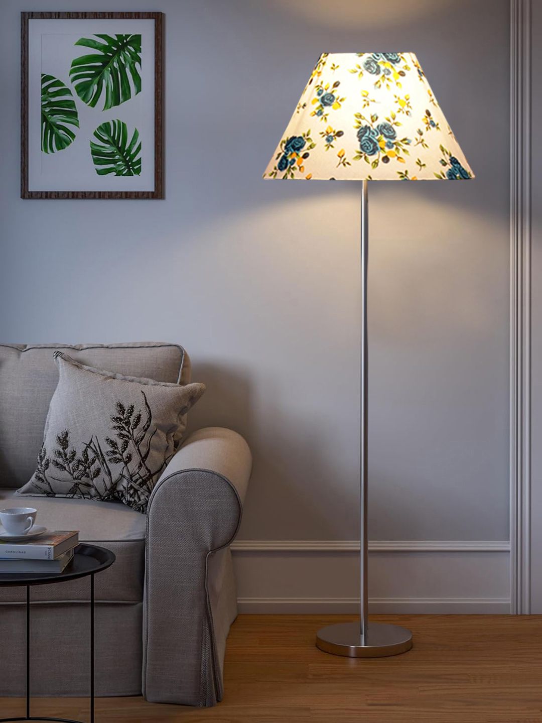 Devansh White & Blue Printed Cotton Steel Frustum Shaped Floor Lamps