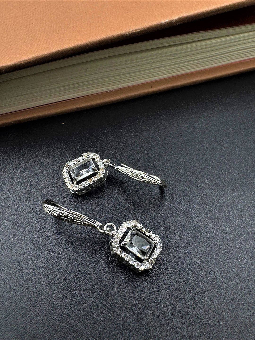AKLINA Rhodium-Plated American Diamond Studded Square Shaped Studs