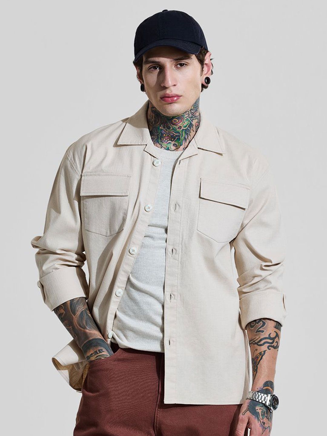 Snitch Snitch Bordeaux Beige Light Weight Linen Blend Overshirt deal from myntra