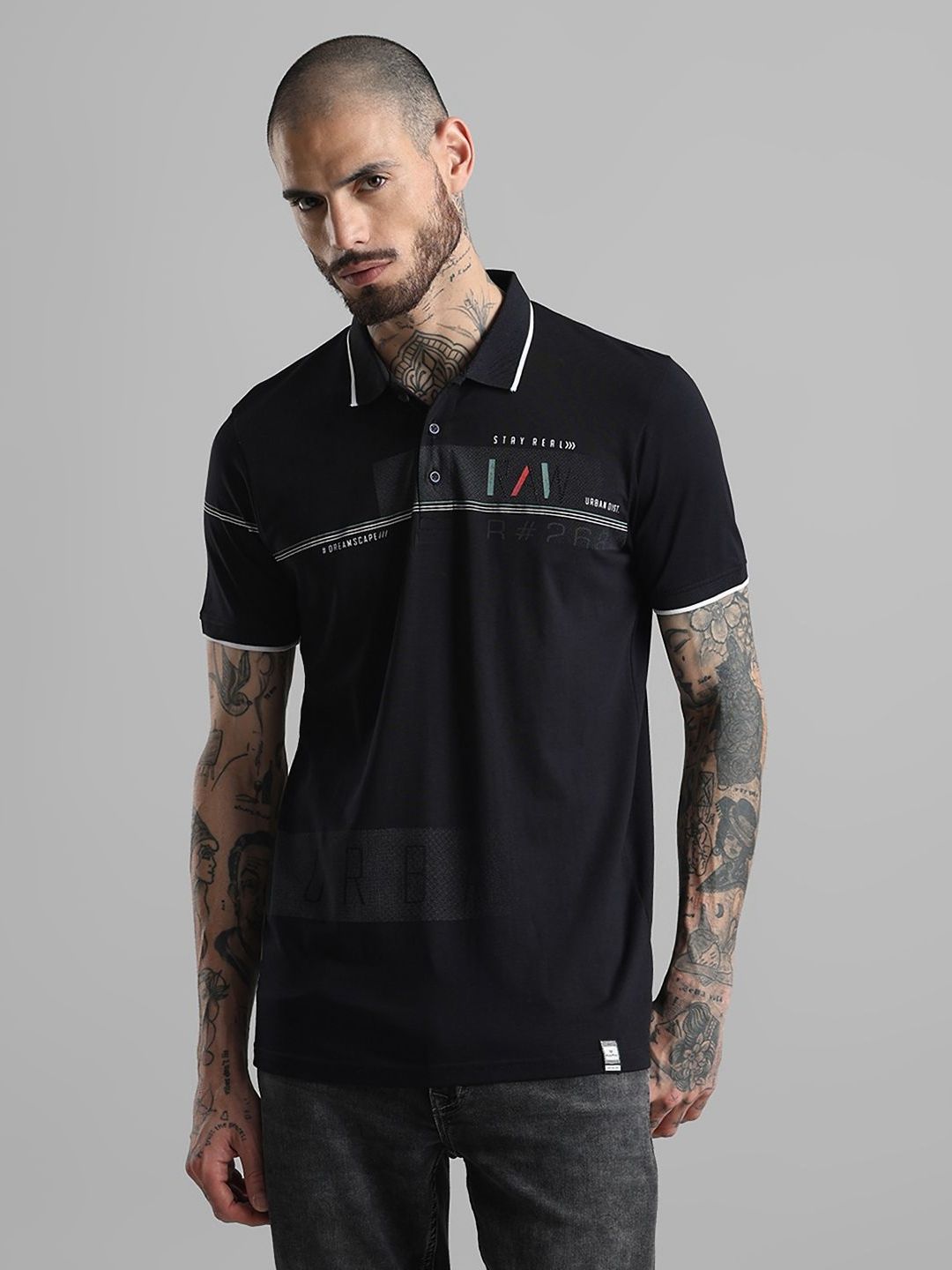 Klub Fox Men Typography Printed Polo Collar Applique T-shirt