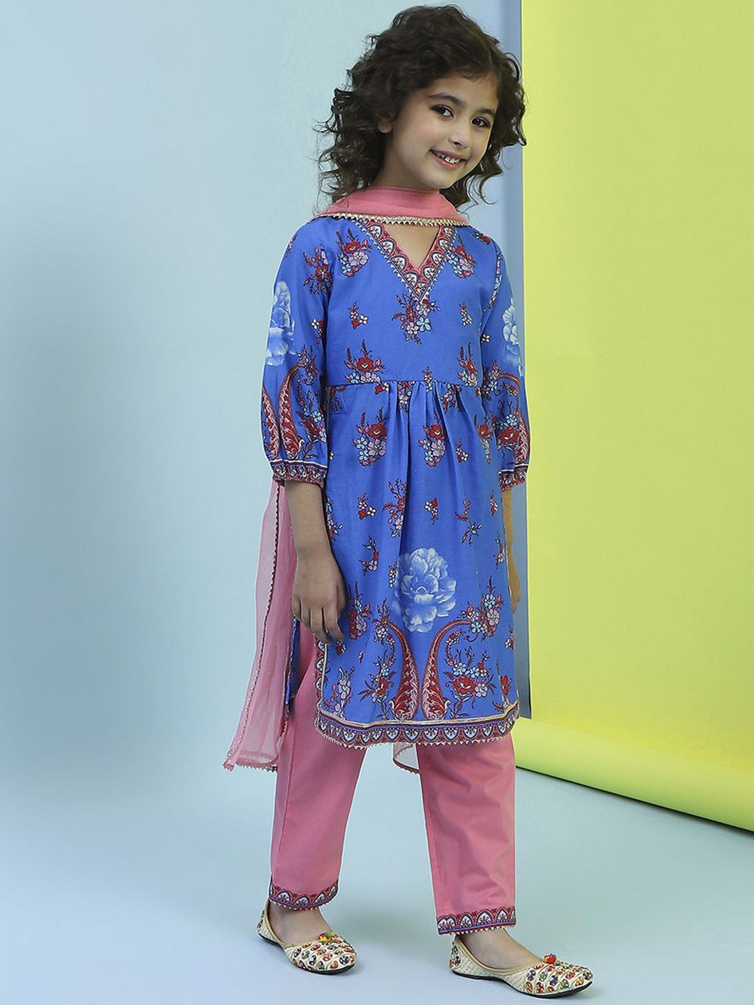 Biba Girls Floral Printed Pure Cotton Kurta With Trouser & Dupatta