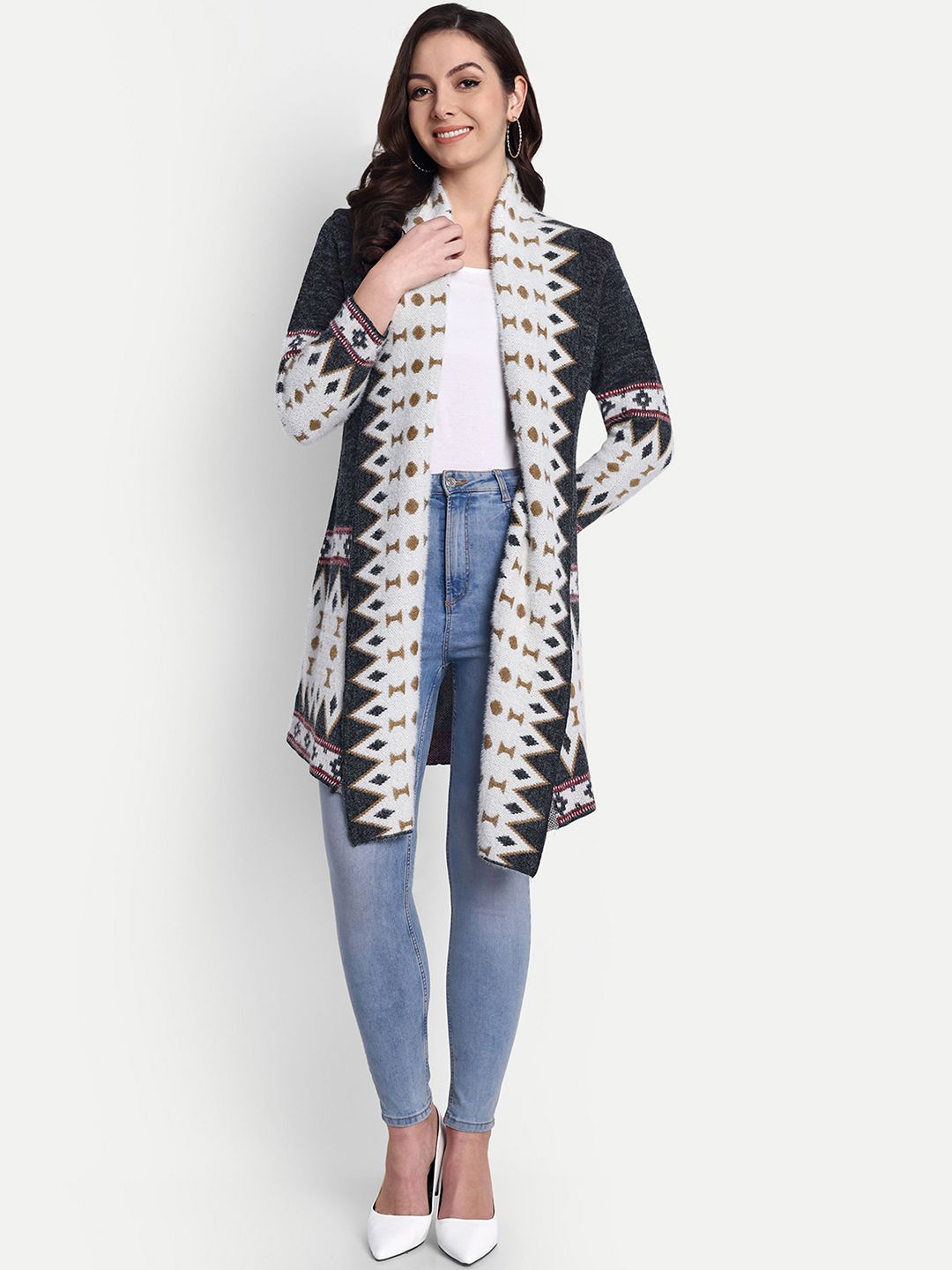 HAUTEMODA Geometric Woven Design Long Sleeves Open Front Woolen Shrug