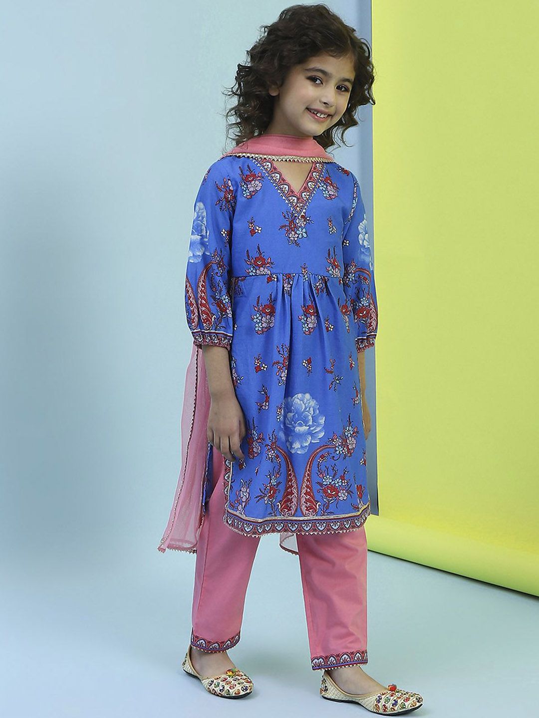 Biba Girls Paisley Printed Pleated Pure Cotton A-Line Kurta With Trouser & Dupatta