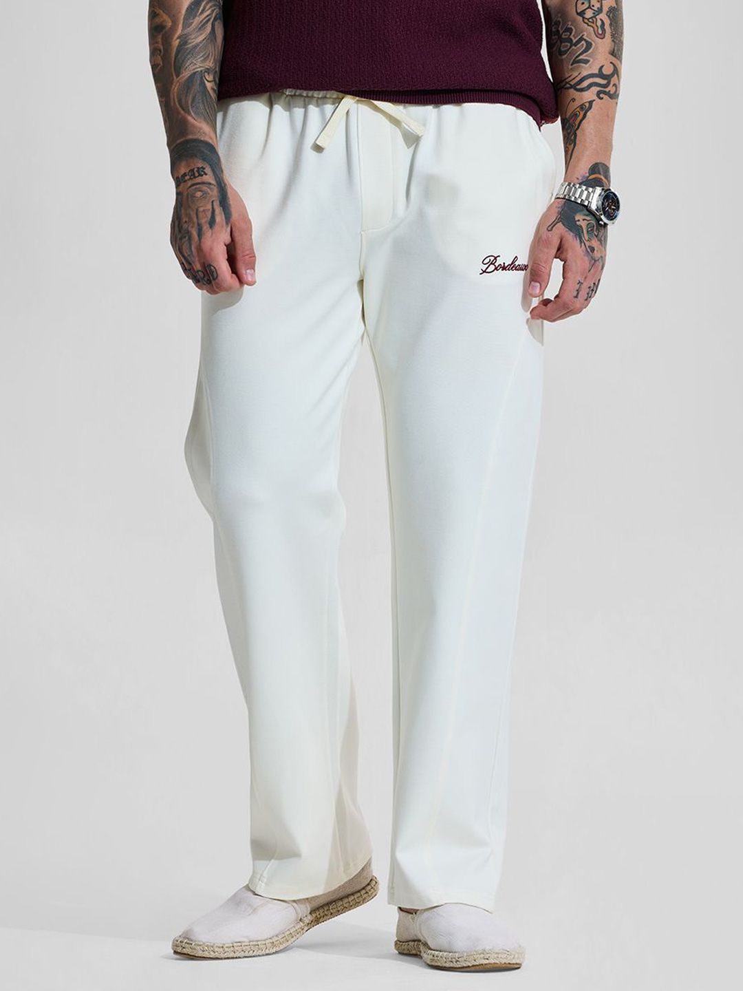 Snitch Bordeaux Off White Relaxed Fit Trouser deal from myntra