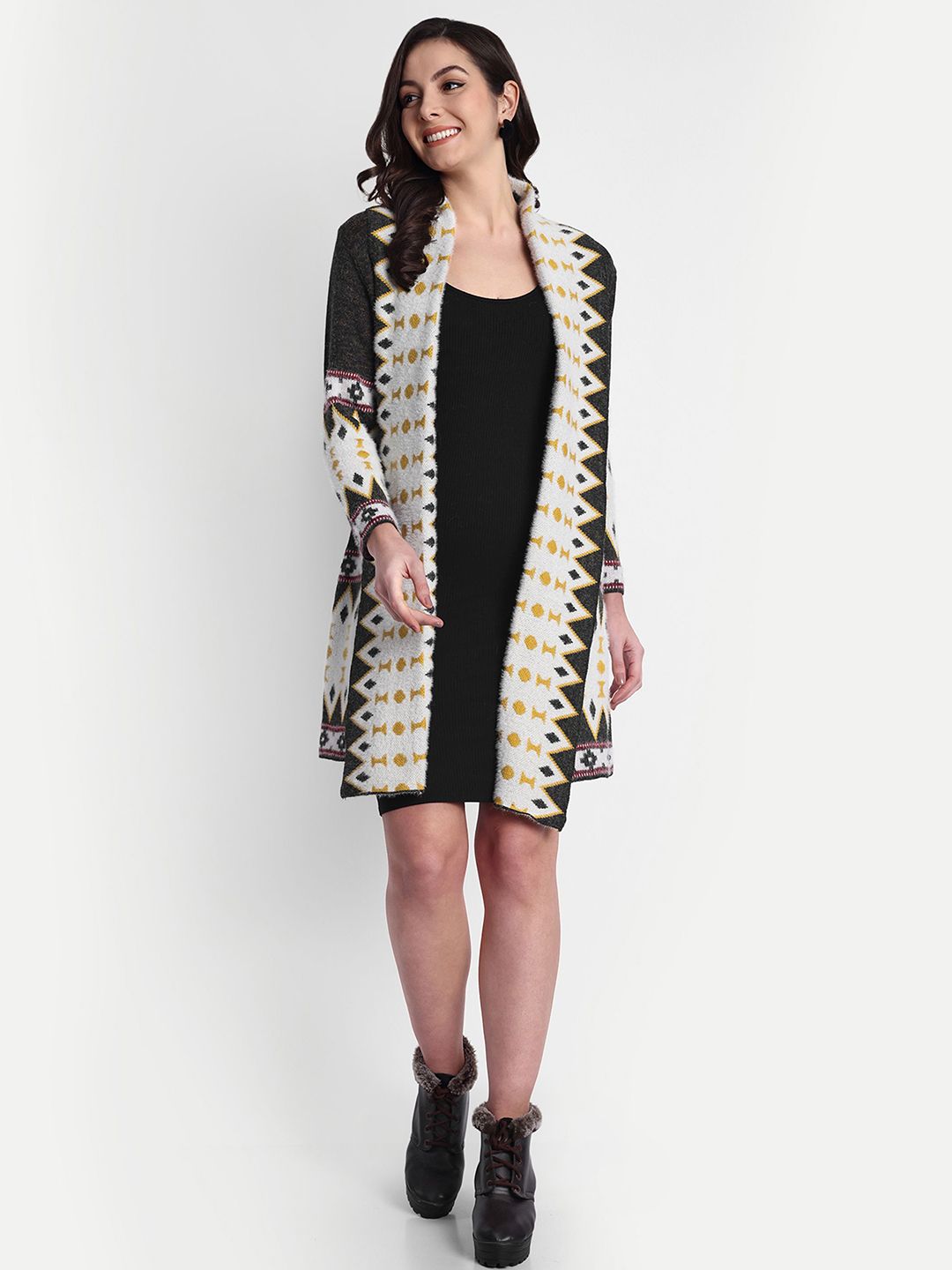 HAUTEMODA Geometric Woven Design Long Sleeves Open Front Woolen Shrug