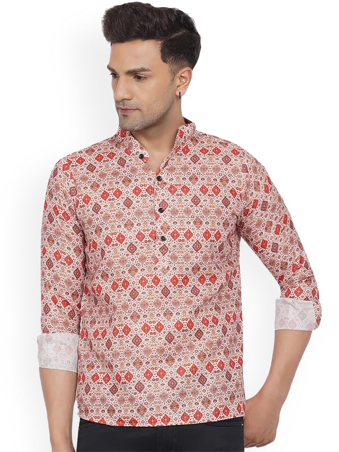 VEERA PARIDHAAN Ethnic Motifs Printed Band Collar Cotton Straight Short Kurta