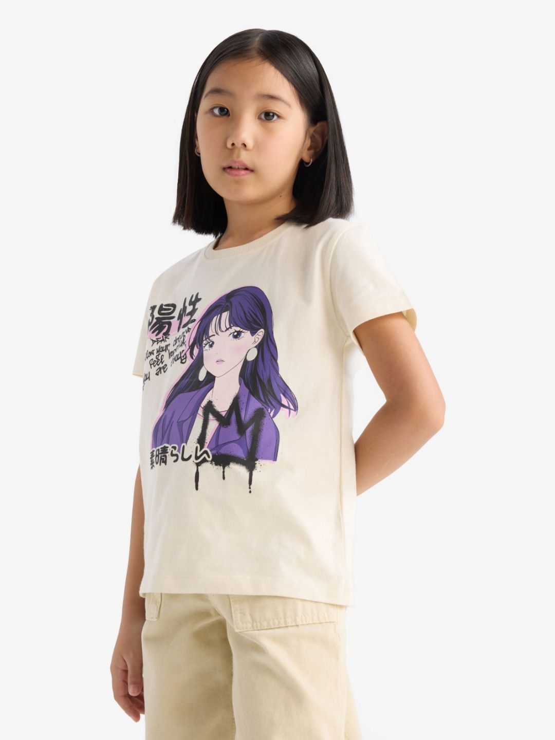 DeFacto Girls Typography Printed Extended Sleeves Pockets T-shirt