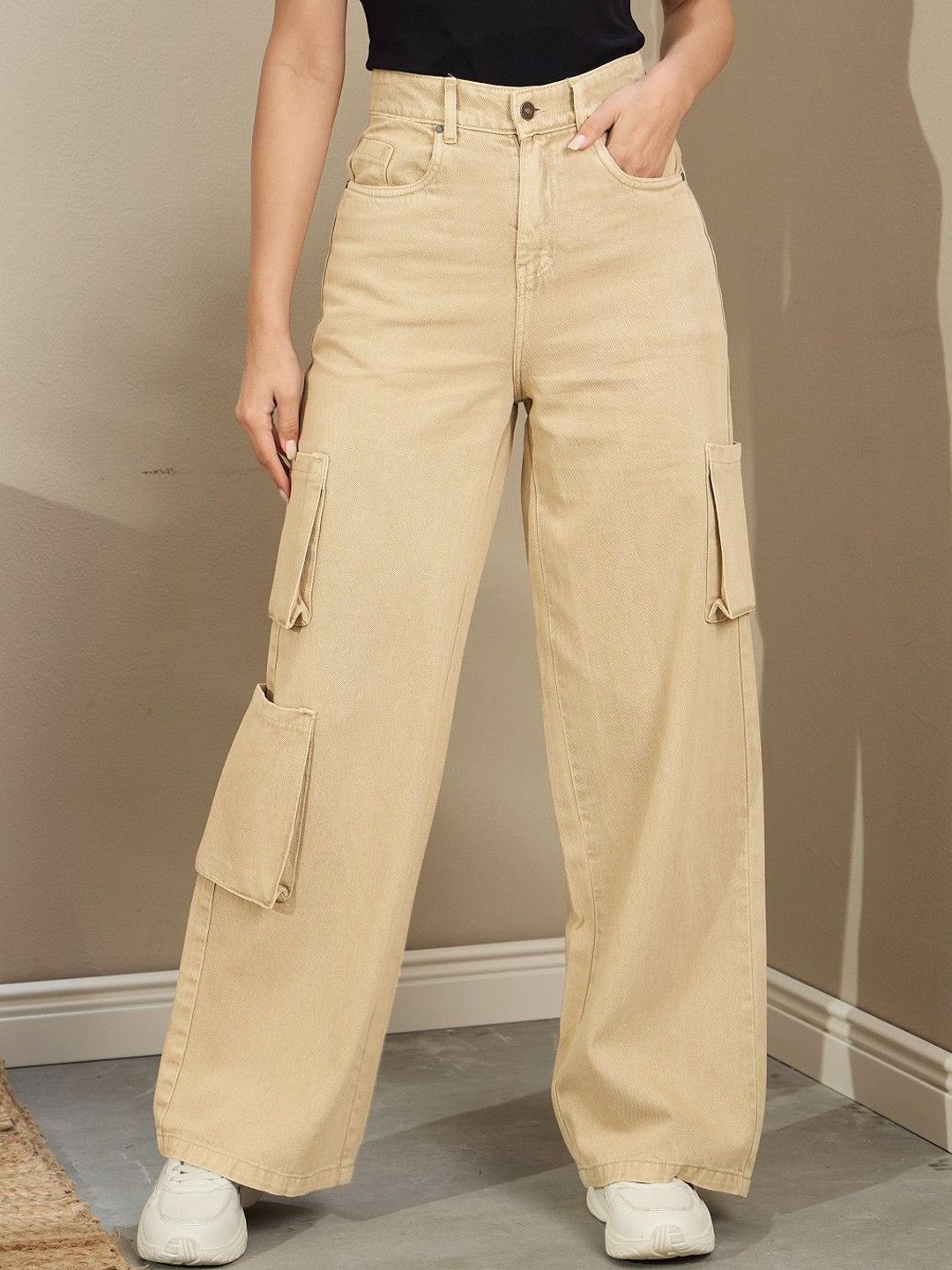 Women Straight Fit Jeans SASSAFRAS Women Comfort Straight Fit Cargo Jeans