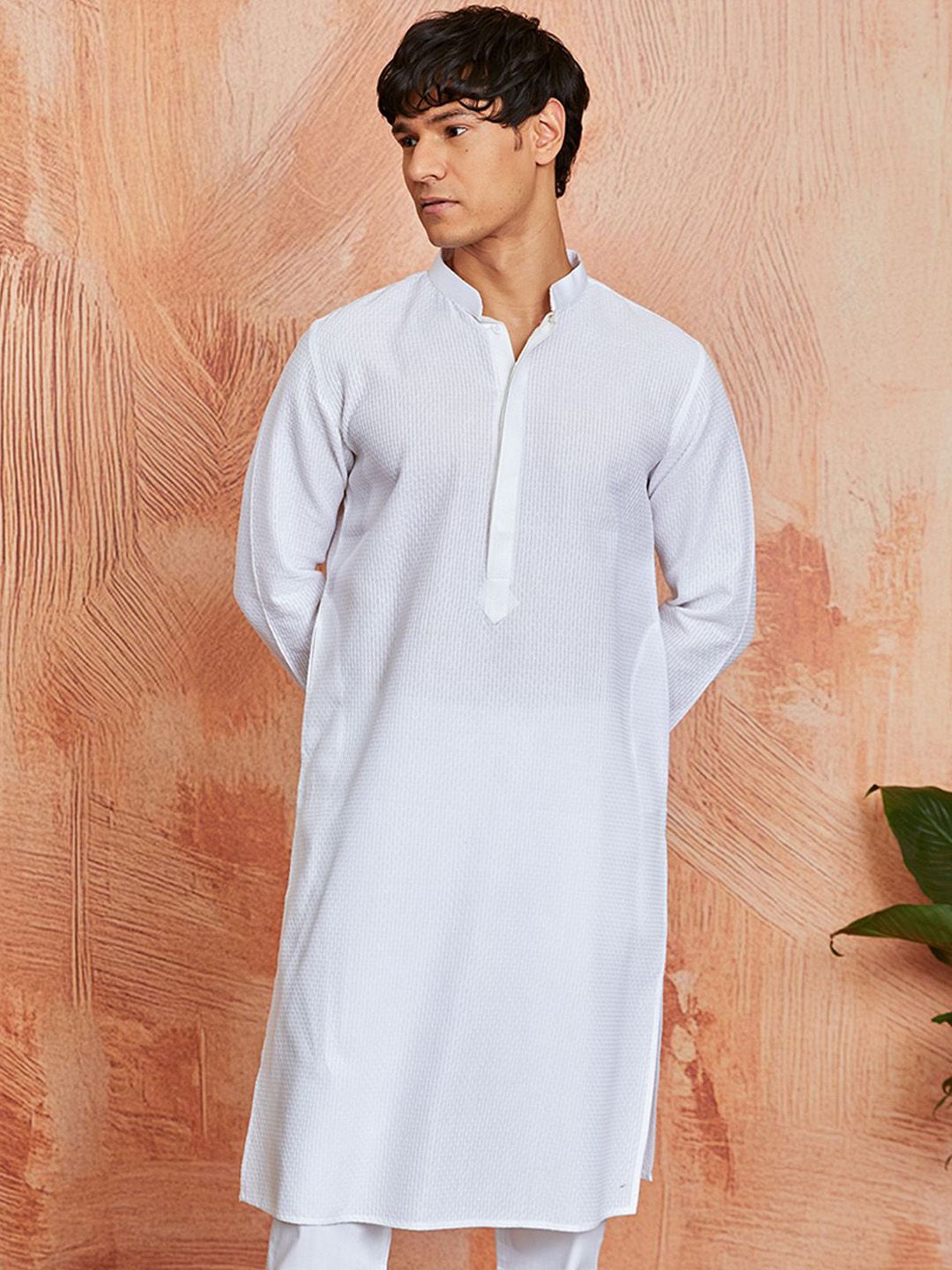 VASTRAMAY Geometric Woven Design Mandarin Collar Cotton Jacquard Straight Kurta