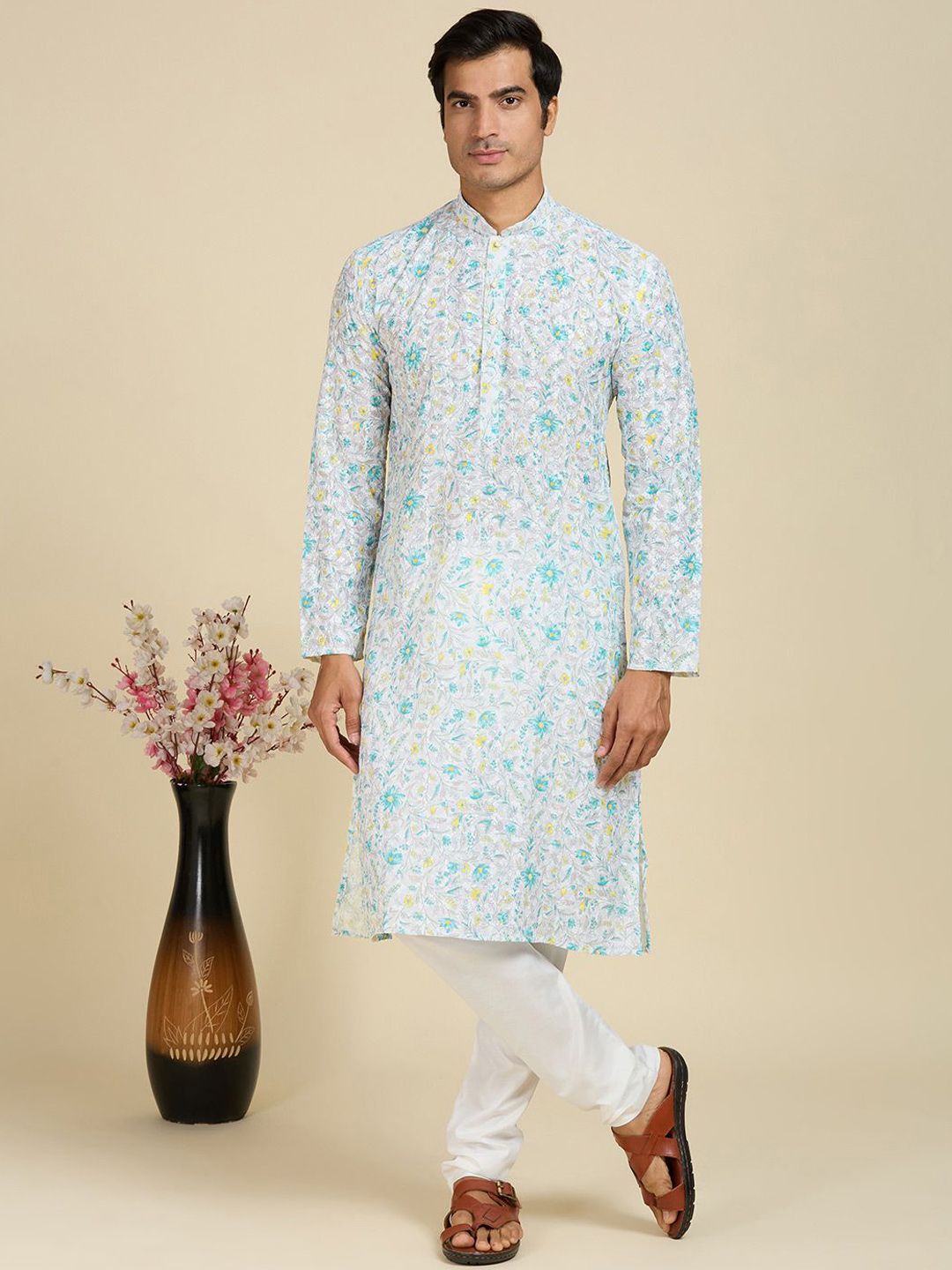 RAJUBHAI HARGOVINDAS Floral Printed Mandarin Collar Chikankari Cotton Straight Kurta