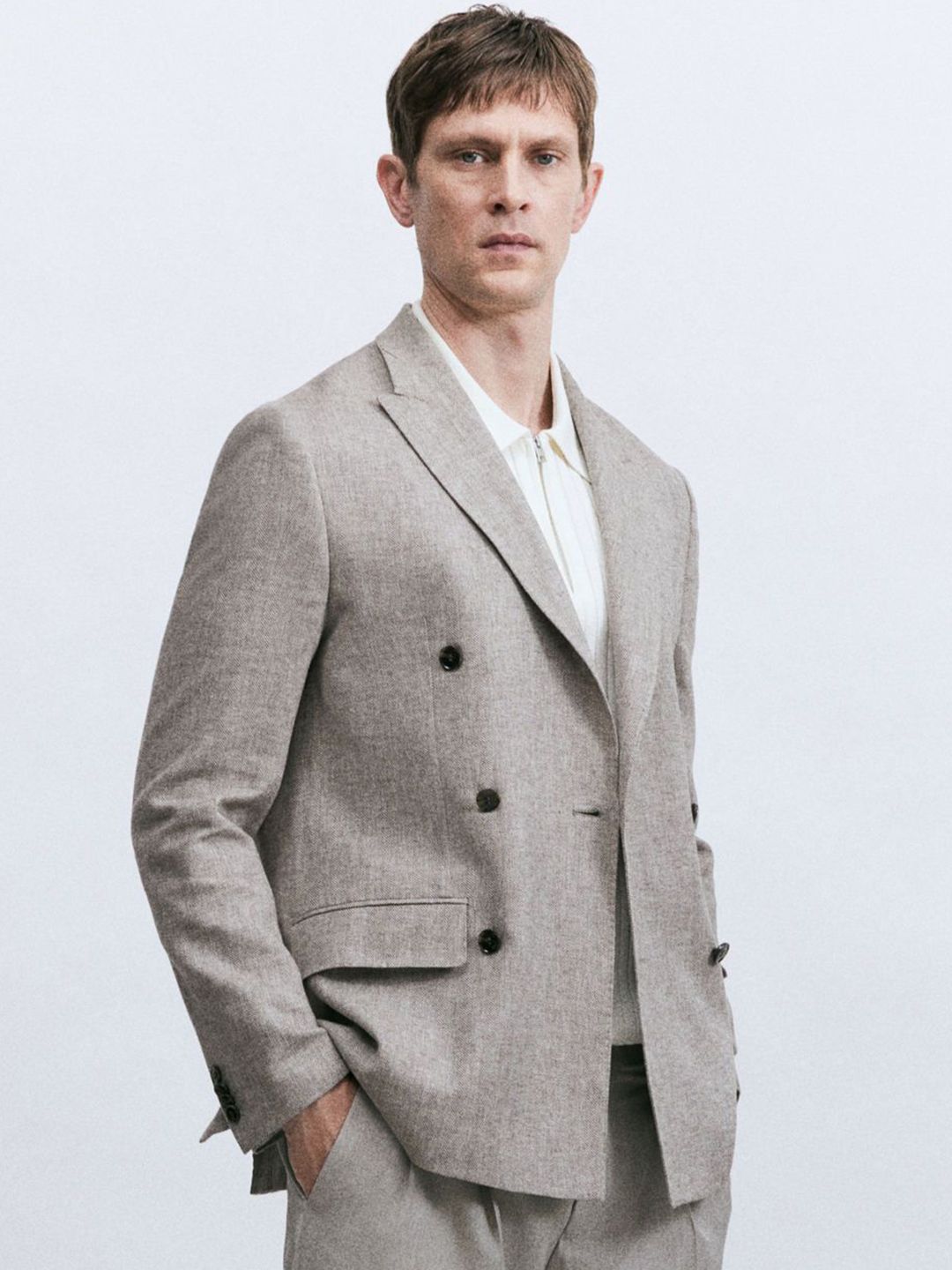 H&M Relaxed Fit Double-Breasted Linen-Blend Jacket deal from myntra