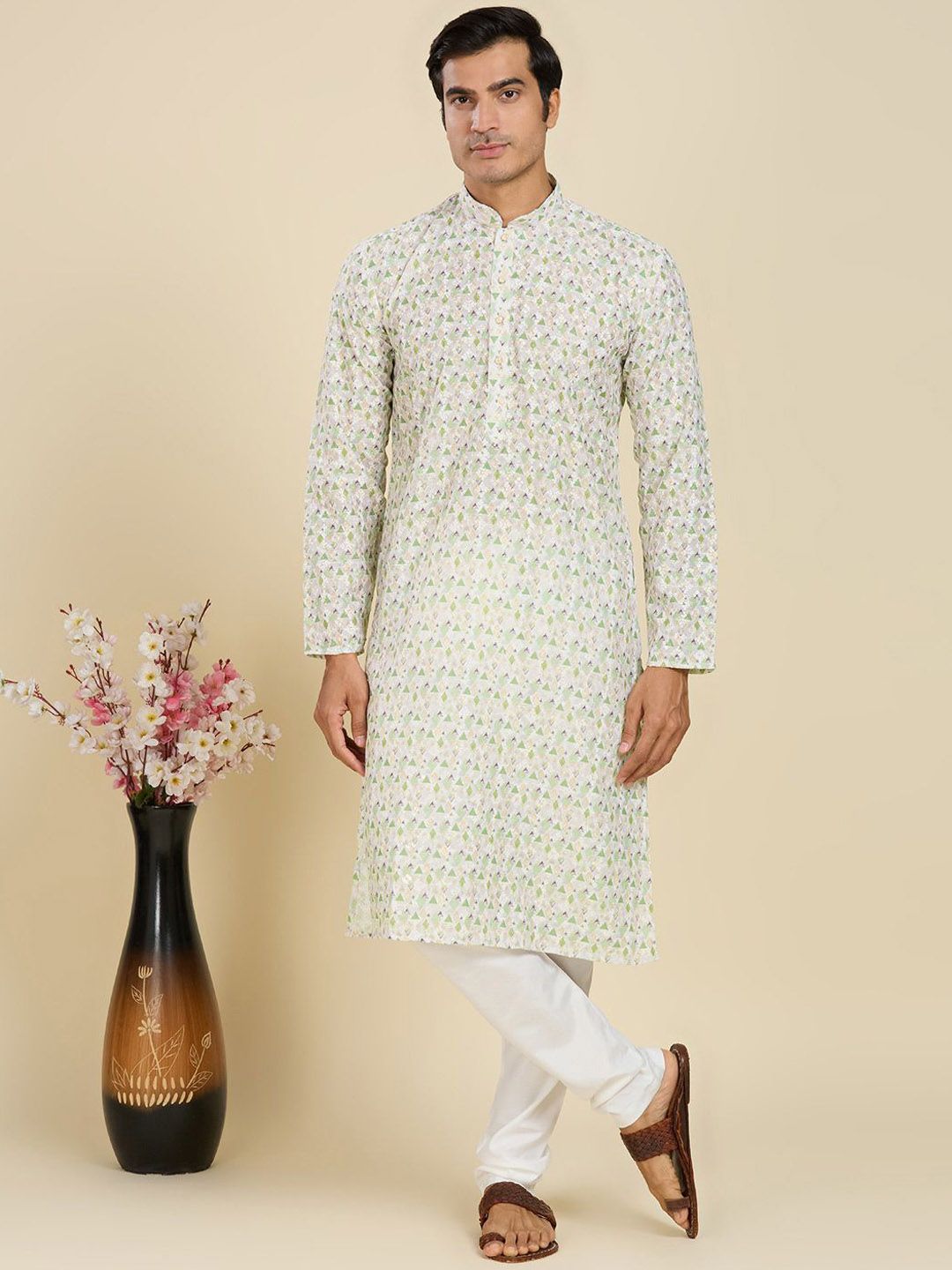 RAJUBHAI HARGOVINDAS Geometric Printed Mandarin Collar Chikankari Cotton Straight Kurta