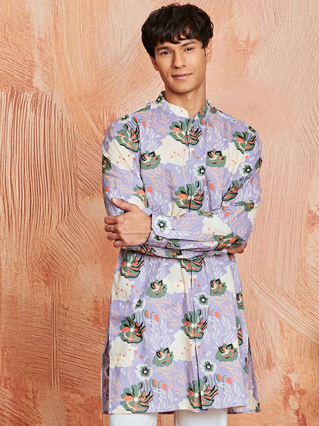 VASTRAMAY Floral Printed Mandarin Collar Cotton Straight Kurta