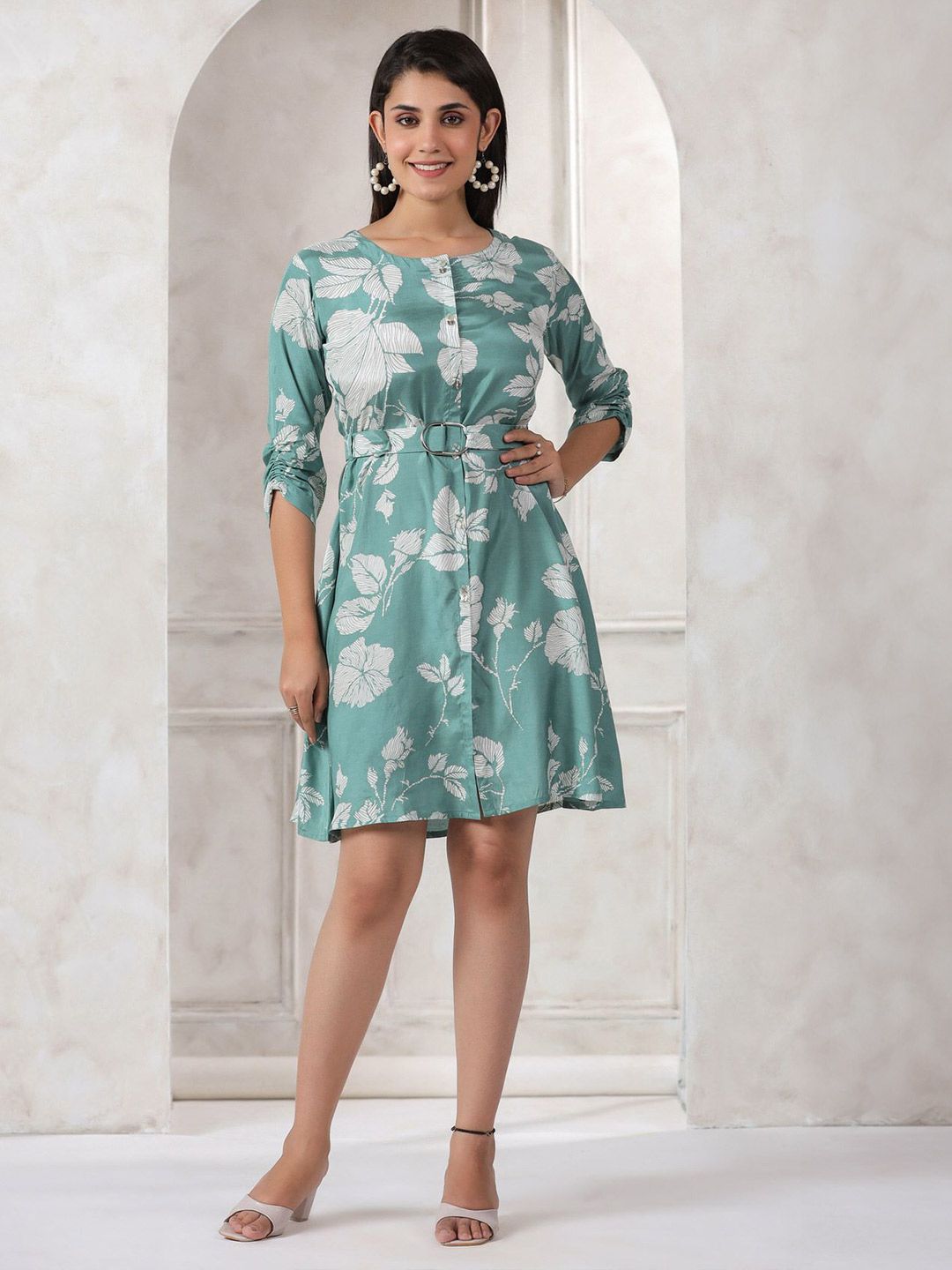 A-Line Dress JISORA Women's Green Printed Russian Silk A-Line Dress