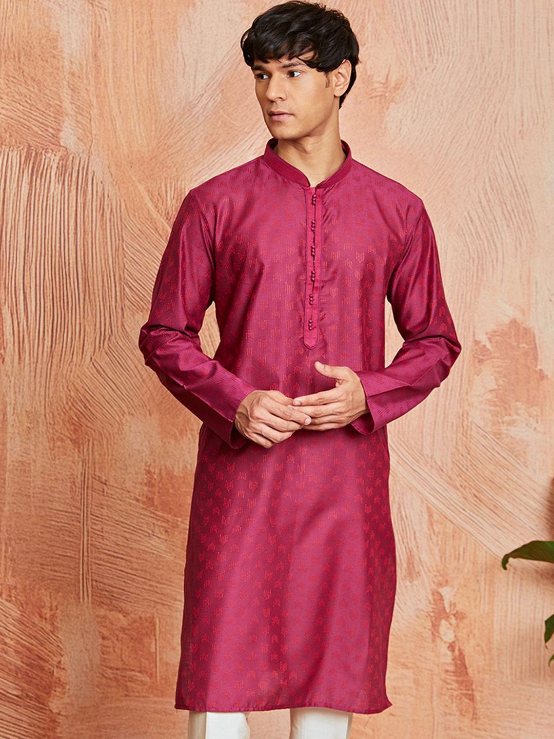 VASTRAMAY Abstract Woven Design Mandarin Collar Jacquard Silk Straight Kurta