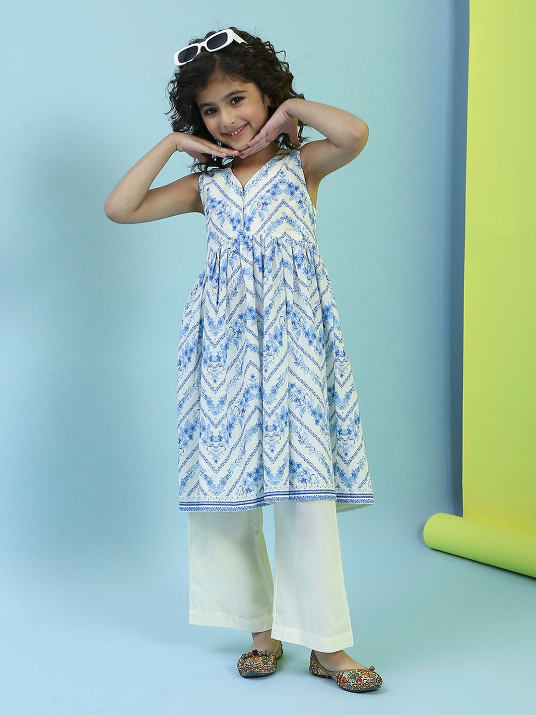 Biba Girls Floral Printed Empire Pure Cotton Kurta with Palazzos