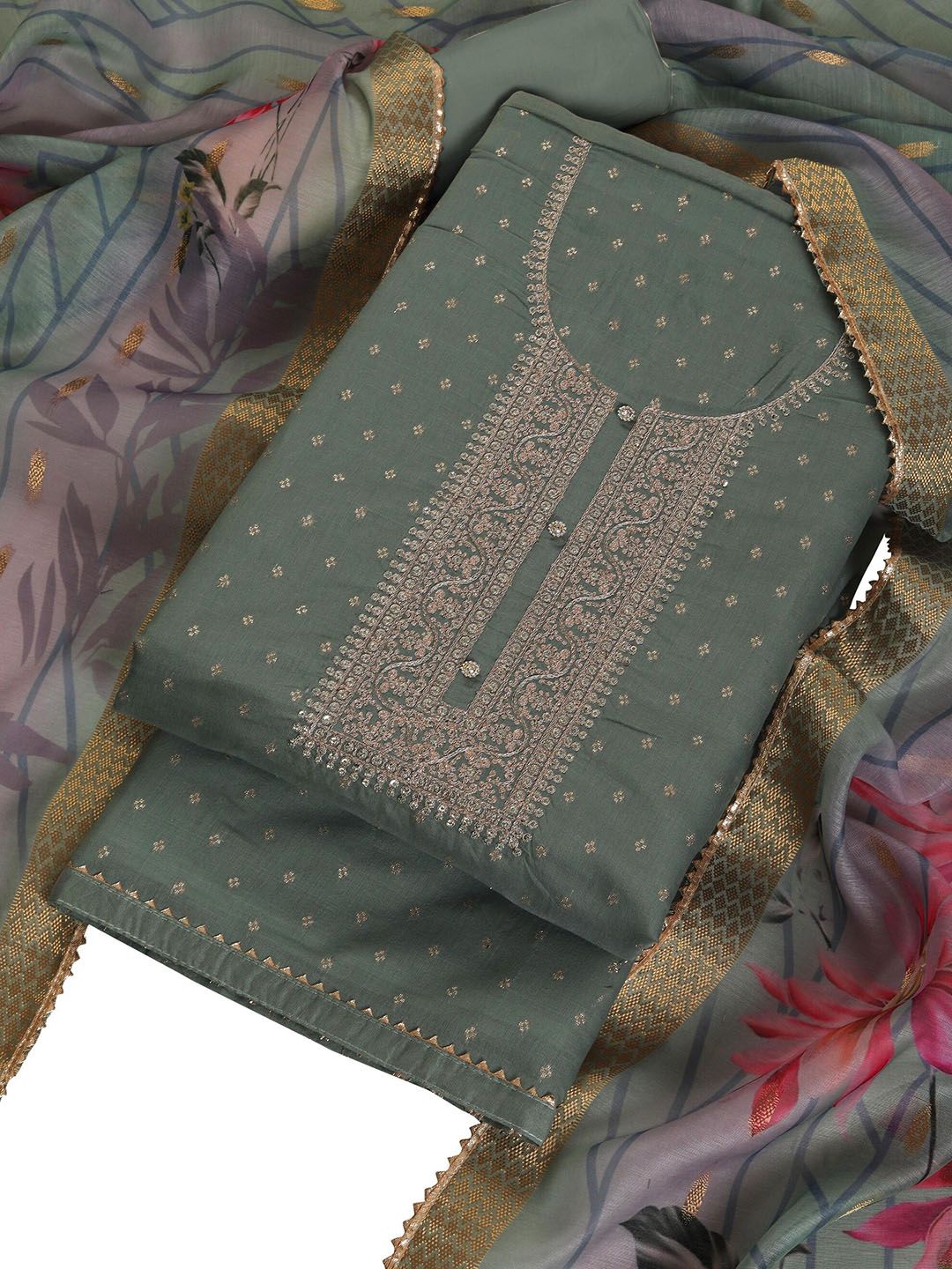TAVAS Embroidered Chanderi Silk Unstitched Dress Material