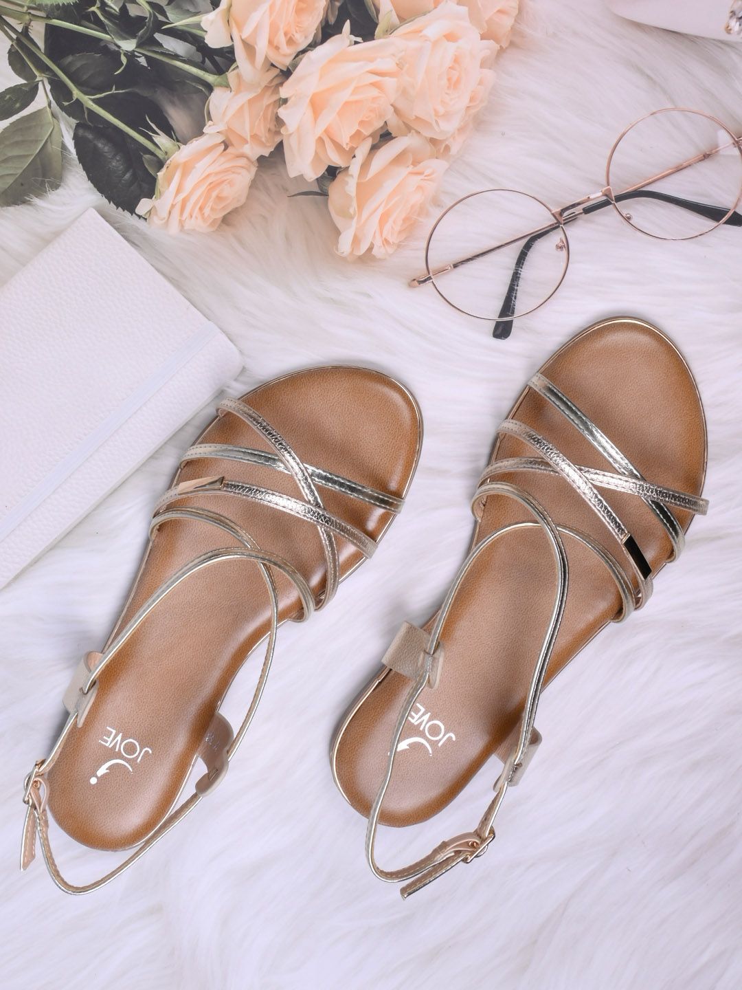 Jove Women Open Toe Buckle Flats