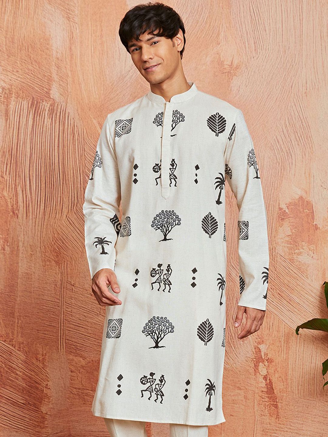VASTRAMAY Men Cream Block Print Cotton Kurta