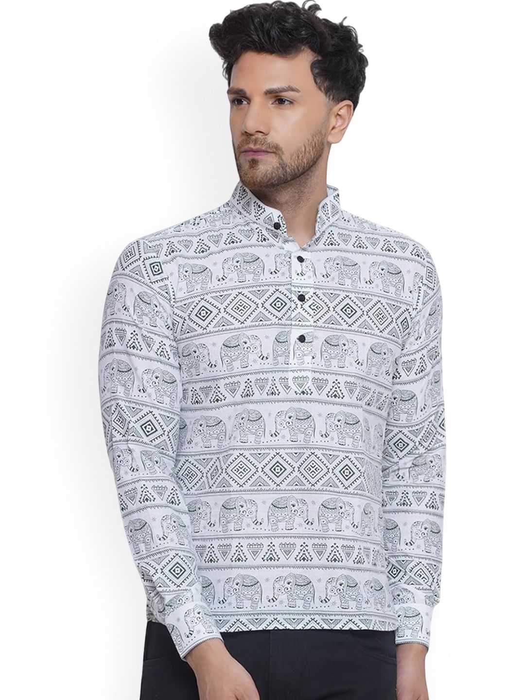 VEERA PARIDHAAN Ethnic Motifs Printed Band Collar Cotton Straight Short Kurta
