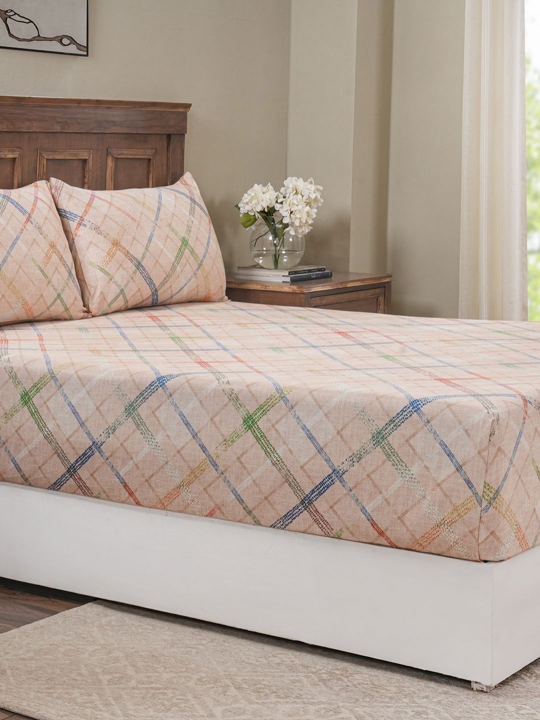 MASPAR MASPAR Beige Geometric Cotton 200 TC King Bedsheet with 2 Pillow Covers-108 x 108 inches