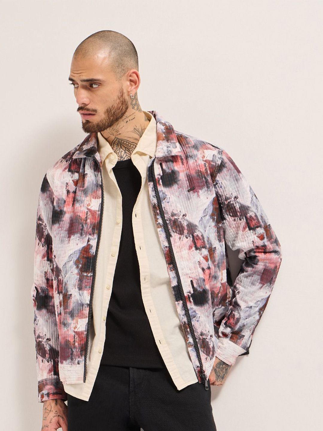 THE BEAR HOUSE Men Abstract Printed Lightweight Outdoor Bomber Jacket