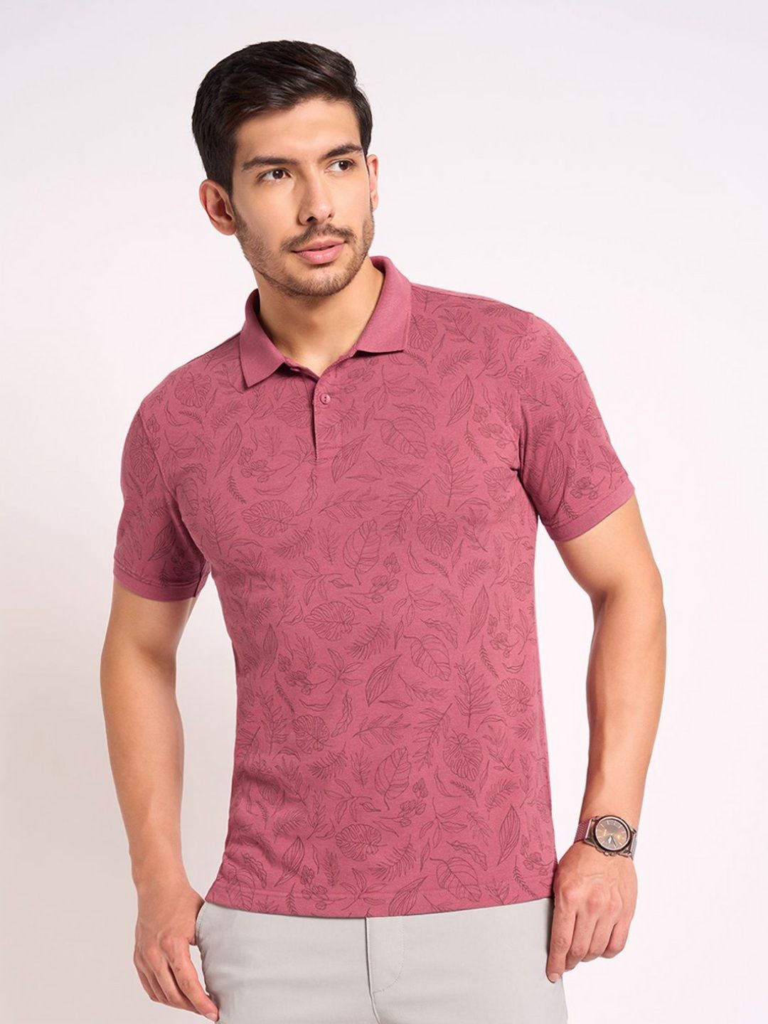 Peregrine by Pantaloons Men Floral Printed Polo Collar Cotton T-shirt