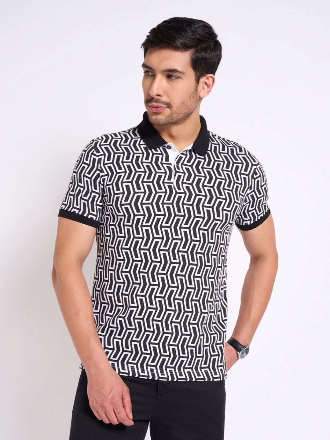 Peregrine by Pantaloons Men Geometric Printed Polo Collar Cotton T-shirt