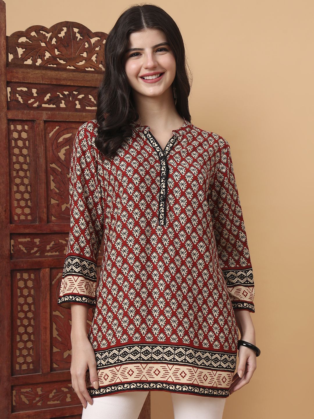 SUFIZA LIFESTYLE Women Ethnic Motifs Printed Mandarin Collar Side Slits Pure Cotton Kurti