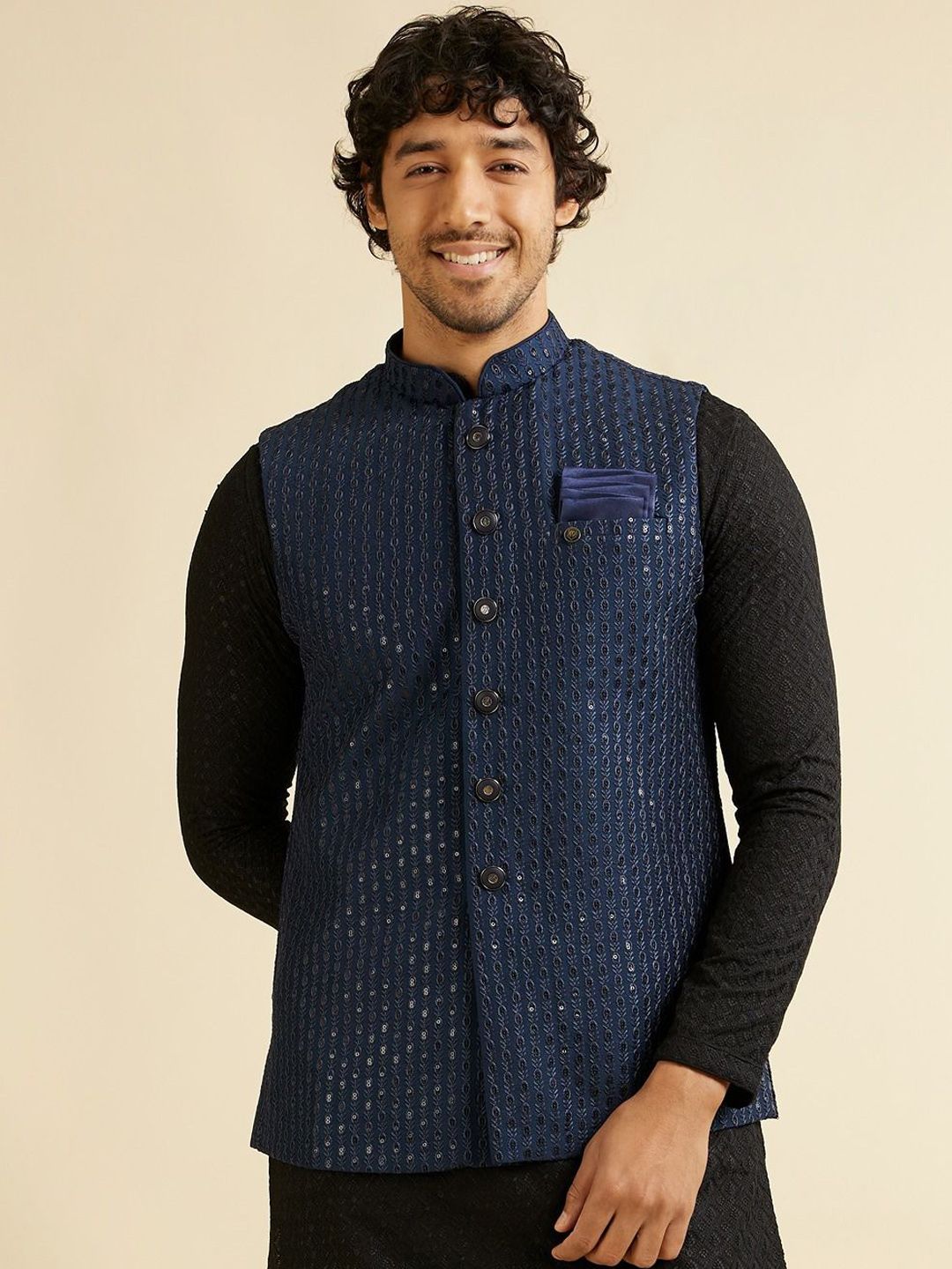 Manyavar Men Embroidered Woven Nehru Jacket