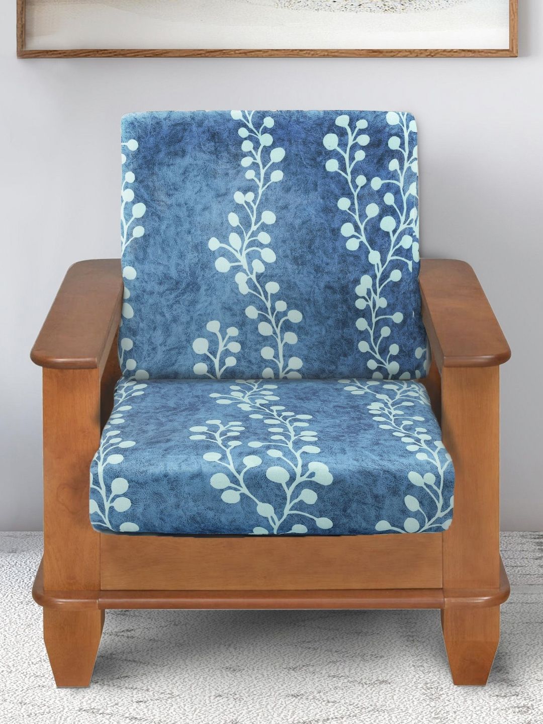 Yellow Weaves Blue Floral Velvet Anti Slip 2PC Straight Single Seater Sofa Cover-23x6In