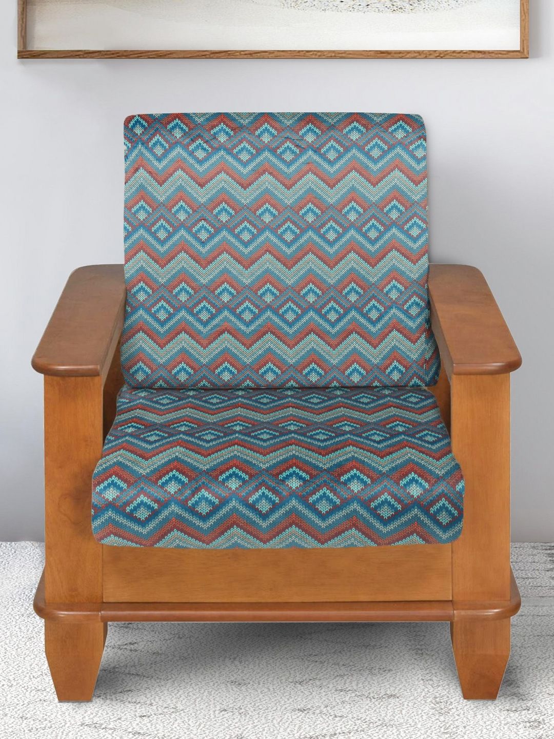 Yellow Weaves Blue Geometric Velvet Anti Slip 2PC Straight Single Seater Sofa Cover-23x6In