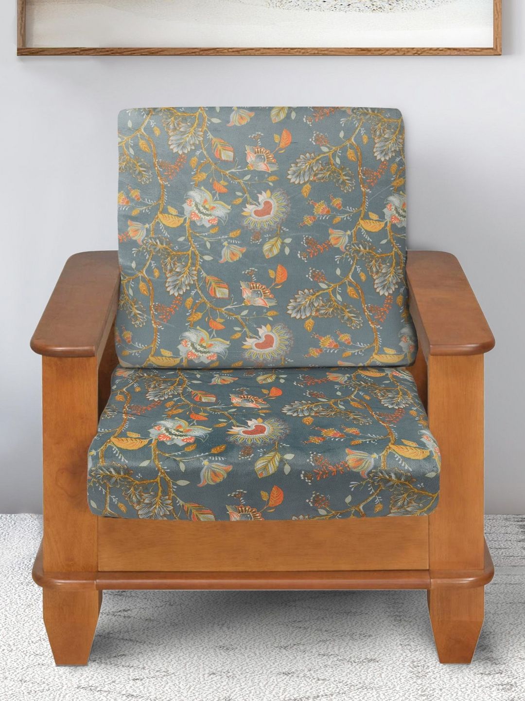 Yellow Weaves Grey Floral Velvet Stretch Fit 2PC Straight Single Seater Sofa Cover-23x6In