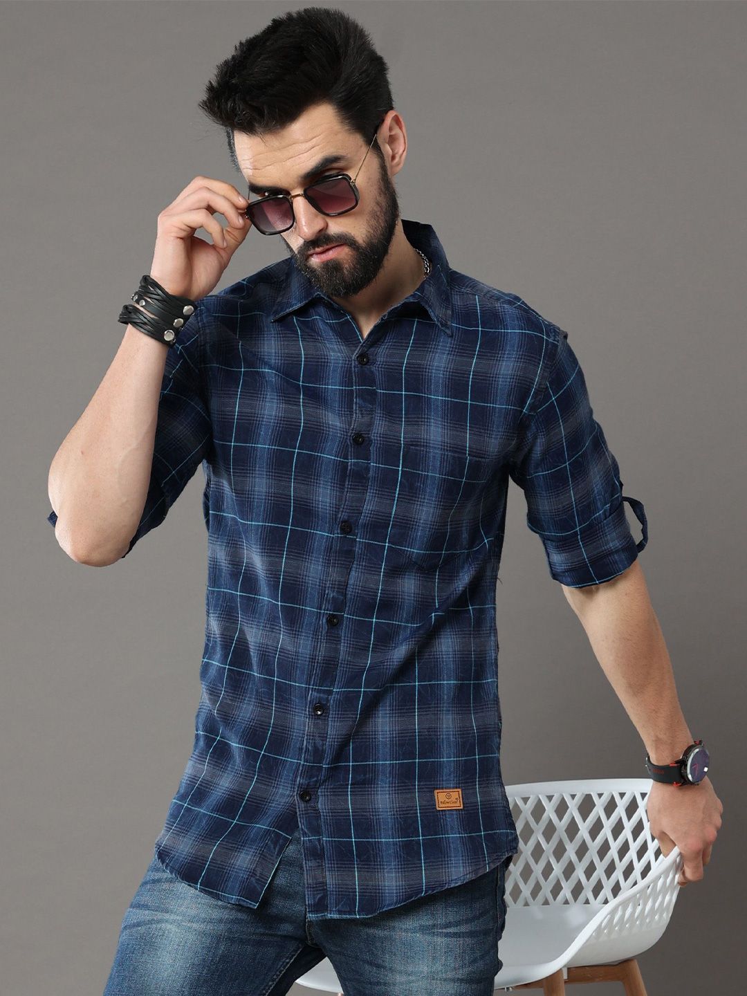 Tallwalker Men Straight Fit Spread Collar Tartan Checked Cotton Casual Shirt