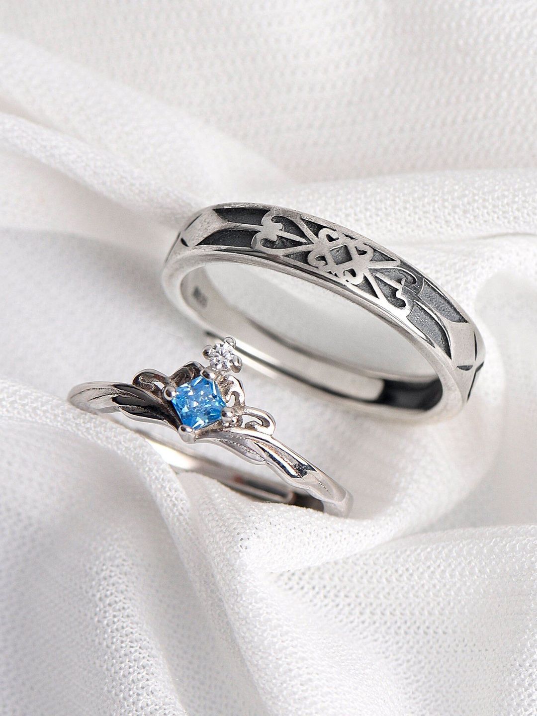 Ringzinnie Set Of 2 Couple Silver-Plated Stone-Studded Adjustable Finger Ring
