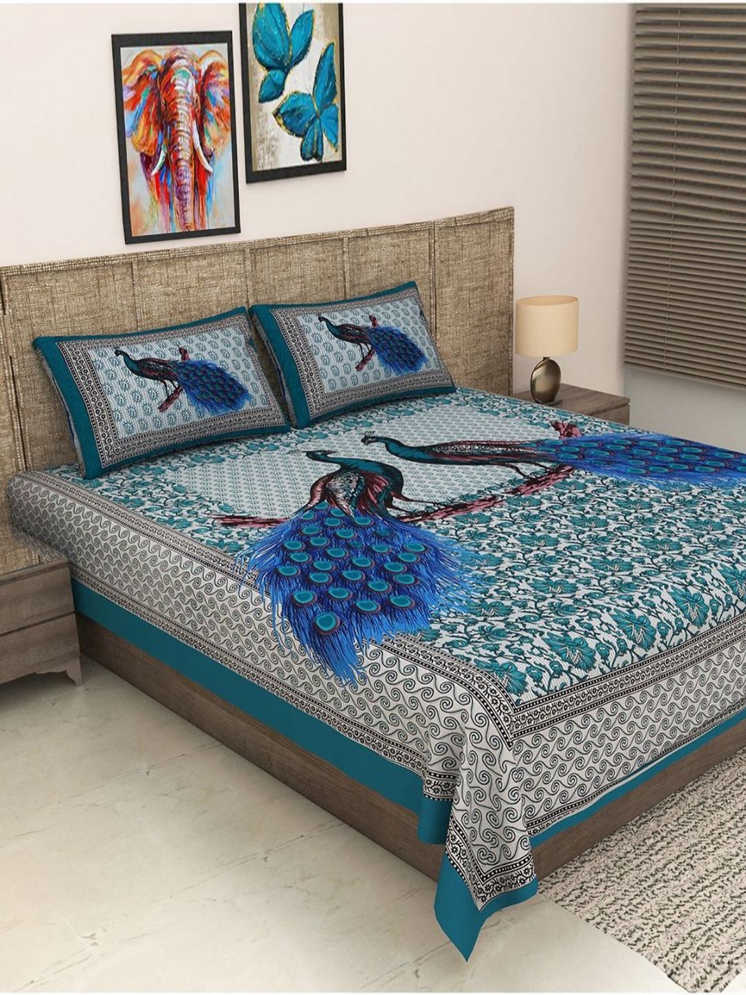 METRO LIVING METRO LIVING Green Ethnic Motifs Cotton 104 TC Queen Bedsheet with 2 Pillow Covers-93 x 83 inches
